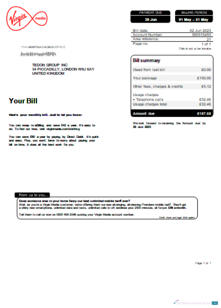 Download Virgin Media utility business bill SCR Photoshop template